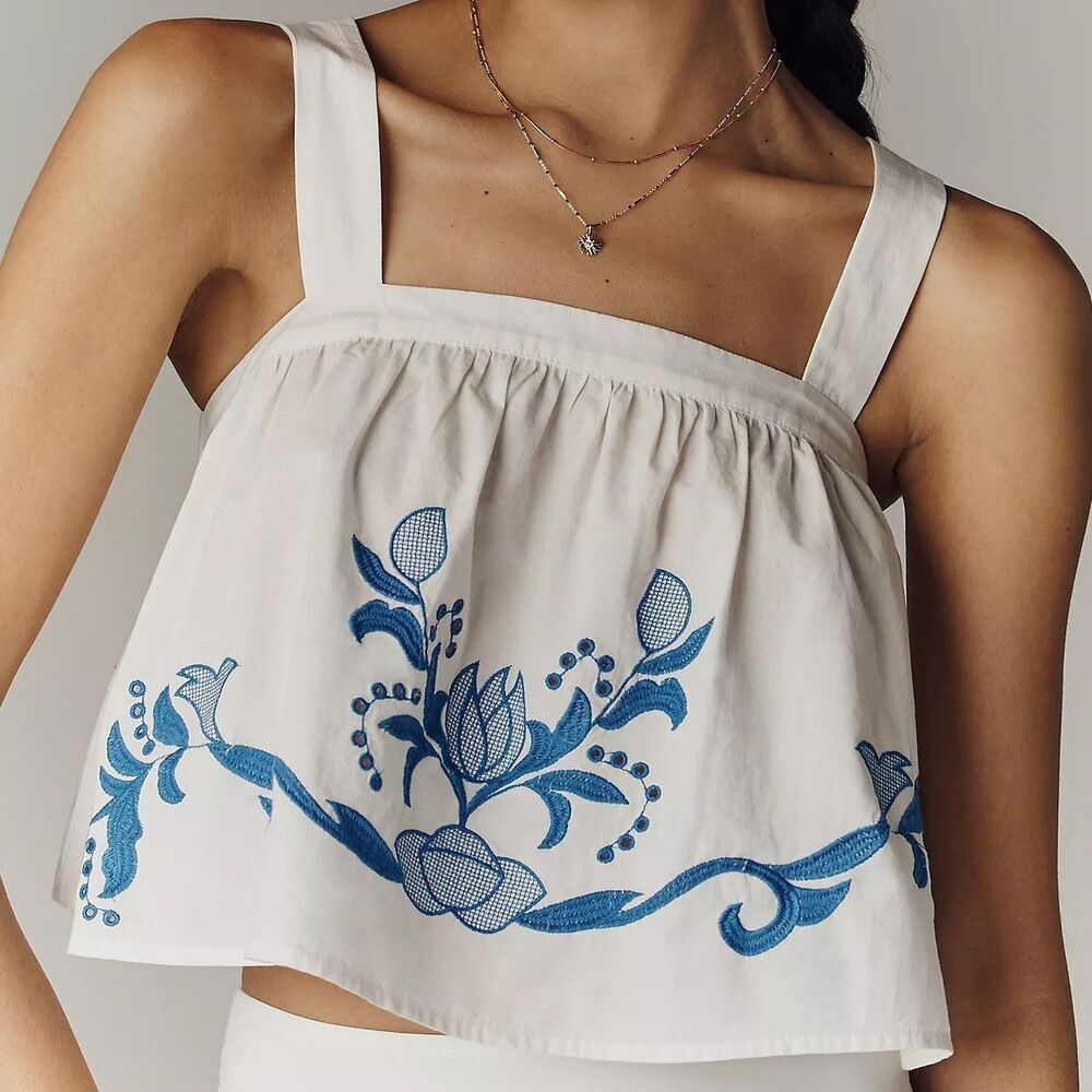 By Anthropologie Cotton Eyelet Embroidered Cutwork Tank Top Sleeveless XL 291710